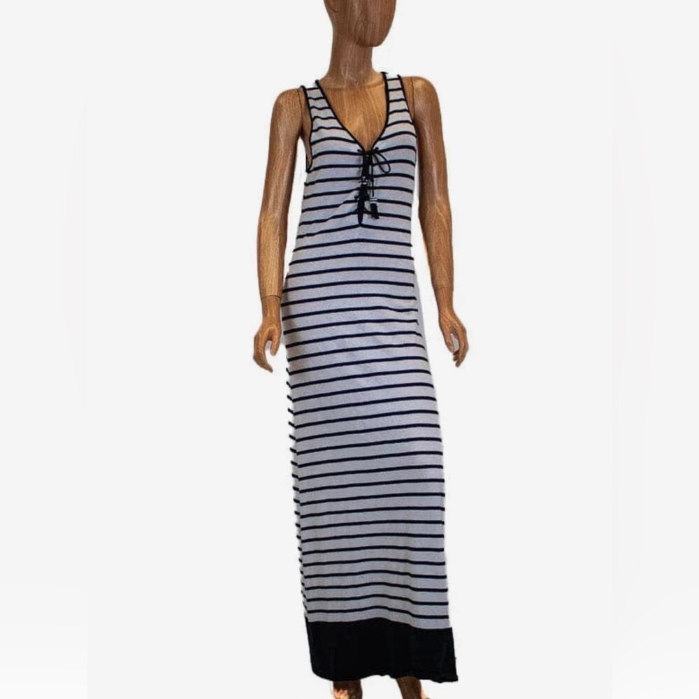 Calypso St. Barths Linen Blend Striped Maxi Dress Detail Navy White Small